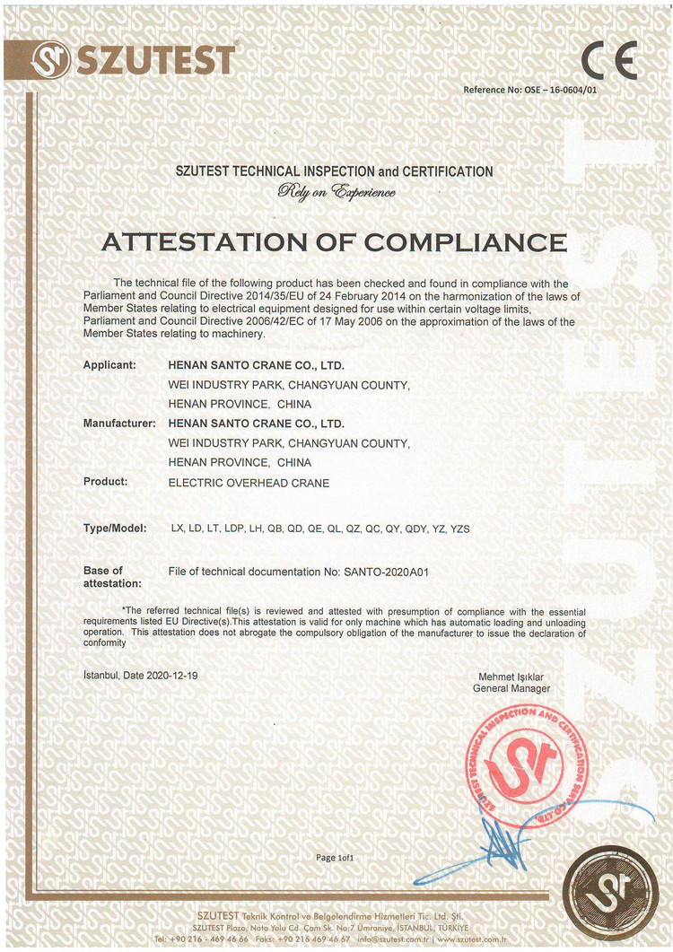 Cina HENAN SANTO CRANE CO.,LTD Certificazioni